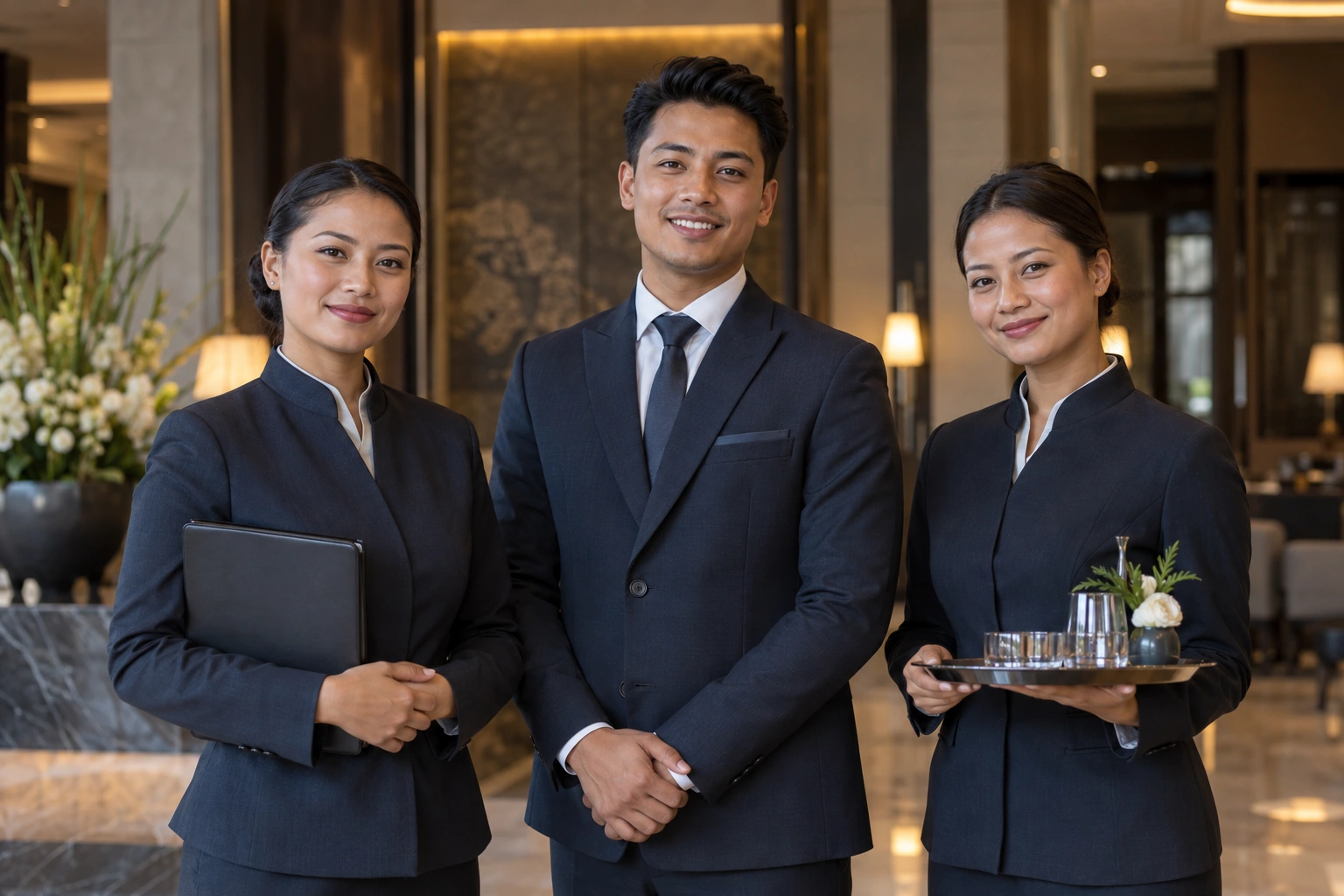 Illustrative hospitality professionals in a contemporary hotel